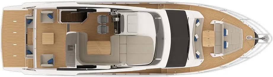 Top view of a stylish motorboat featuring a spacious deck, seating areas, and a central helm with a modern design.